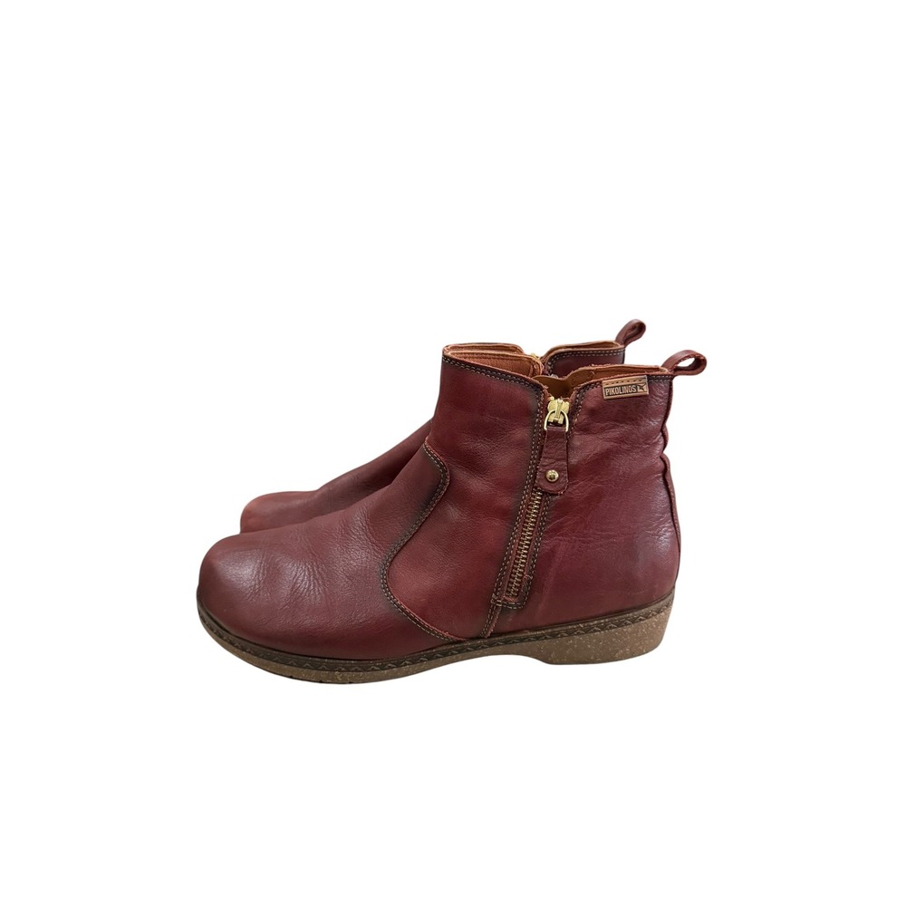 Pikolinos Womens 10 Burgundy Leather Side Zip Ankle Boots Low Wedge Heel Red